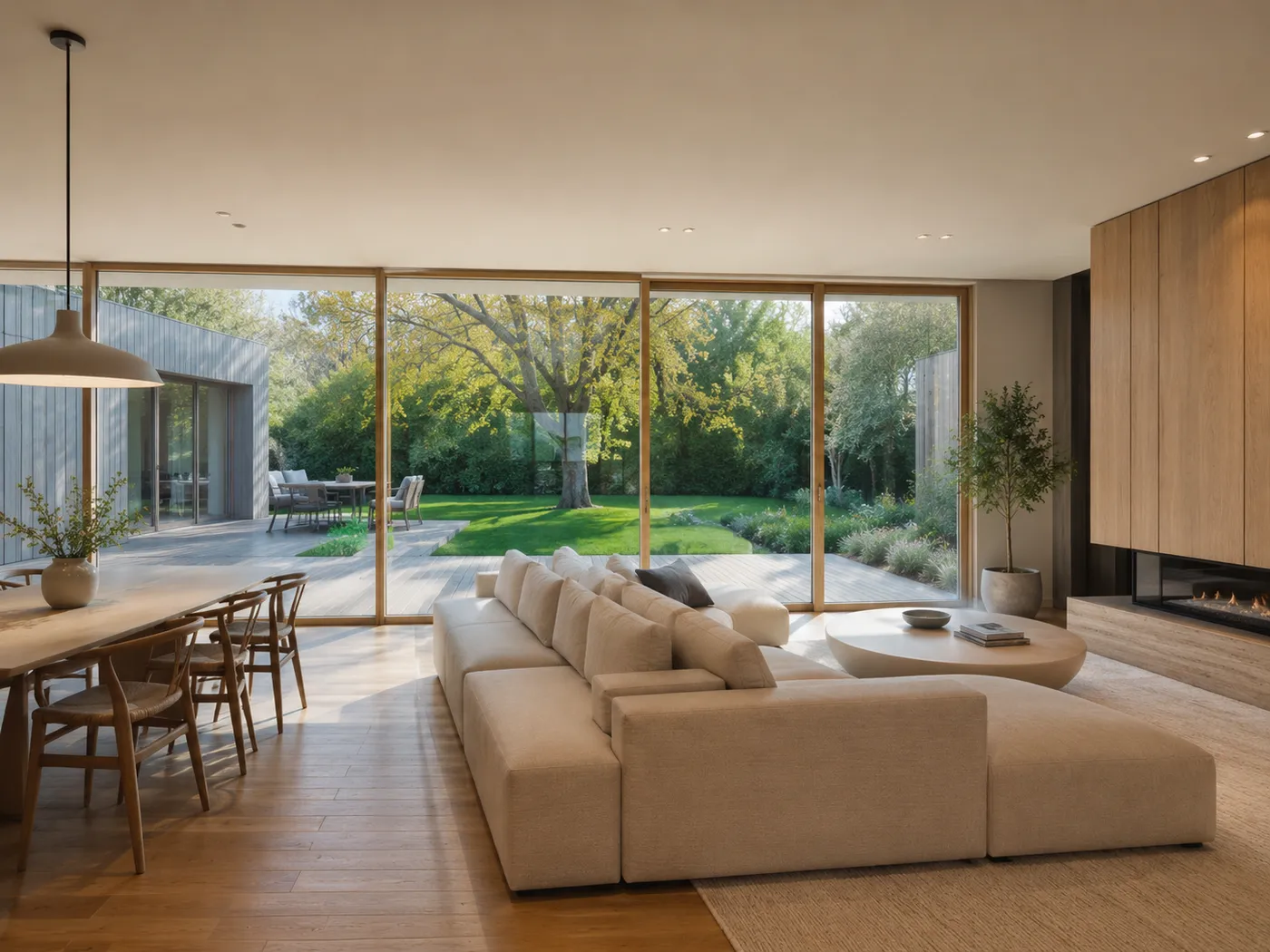 Living room opening to the garden through full-height glazing.