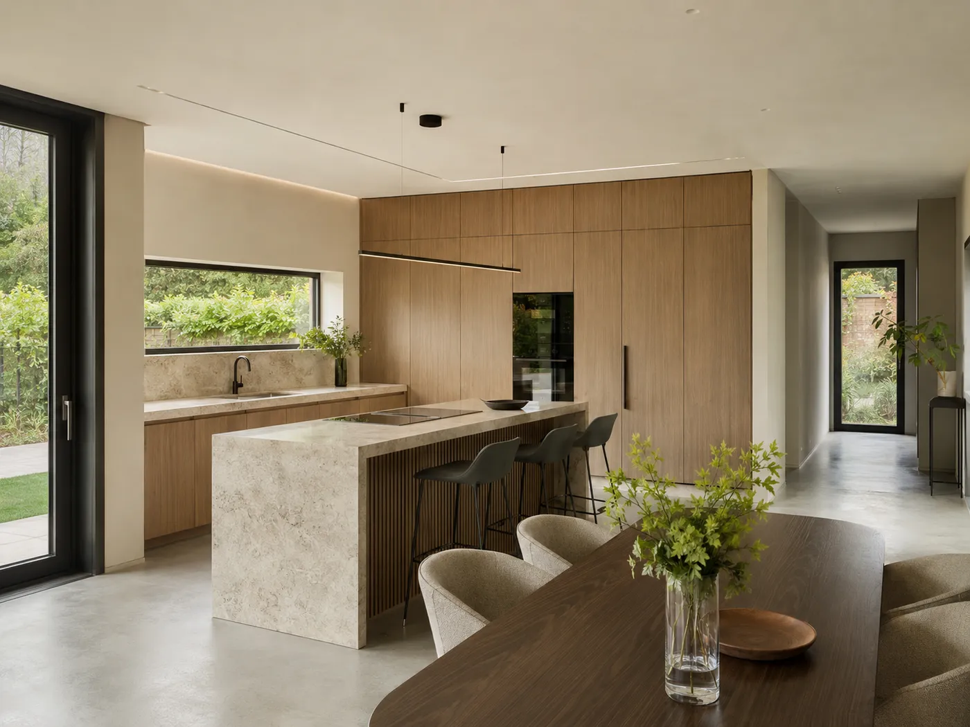 Kitchen in oak and pale stone, lit by a ribbon window.