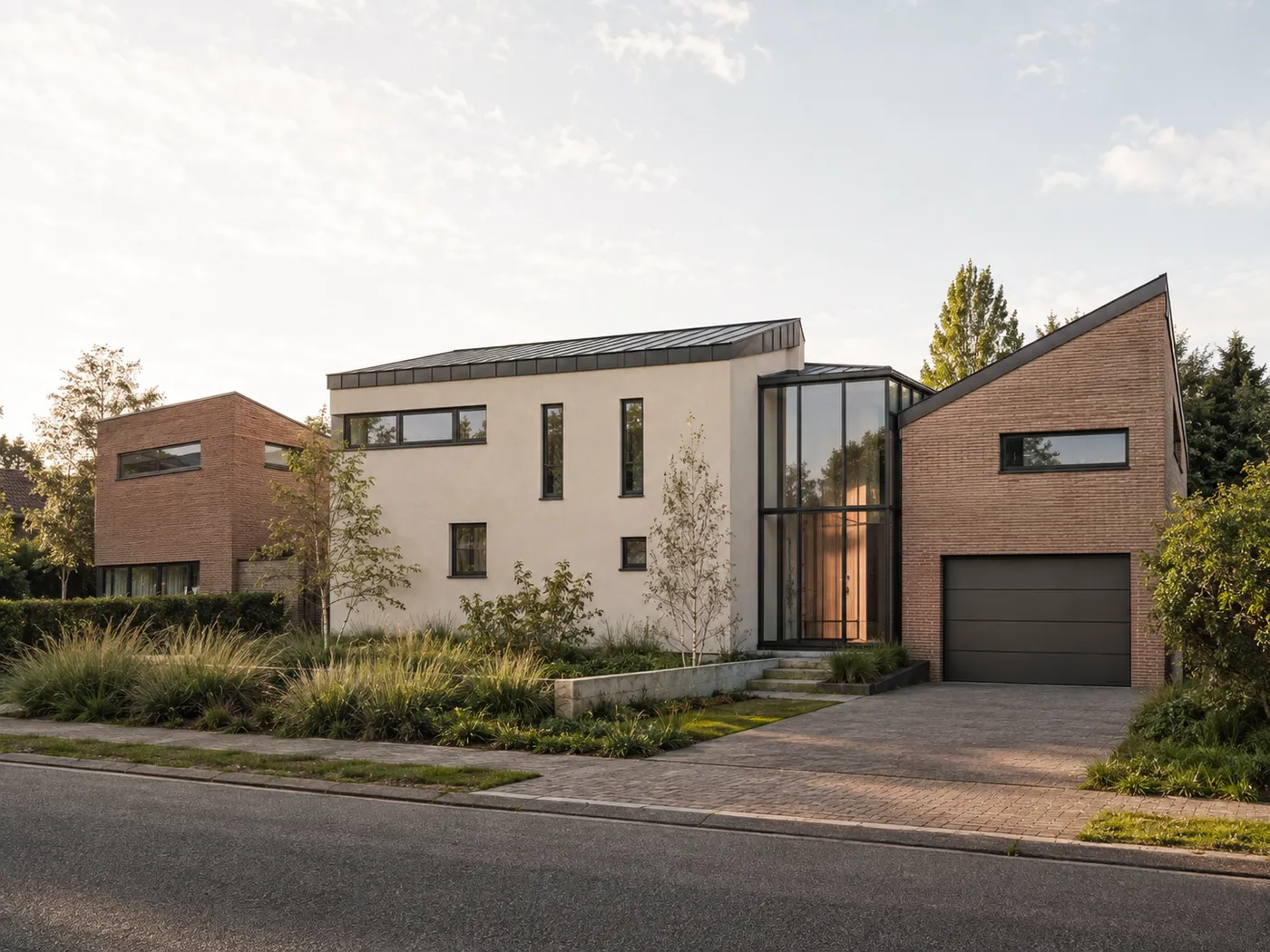 Street facade: pale render, brick and a tall glazed entrance.