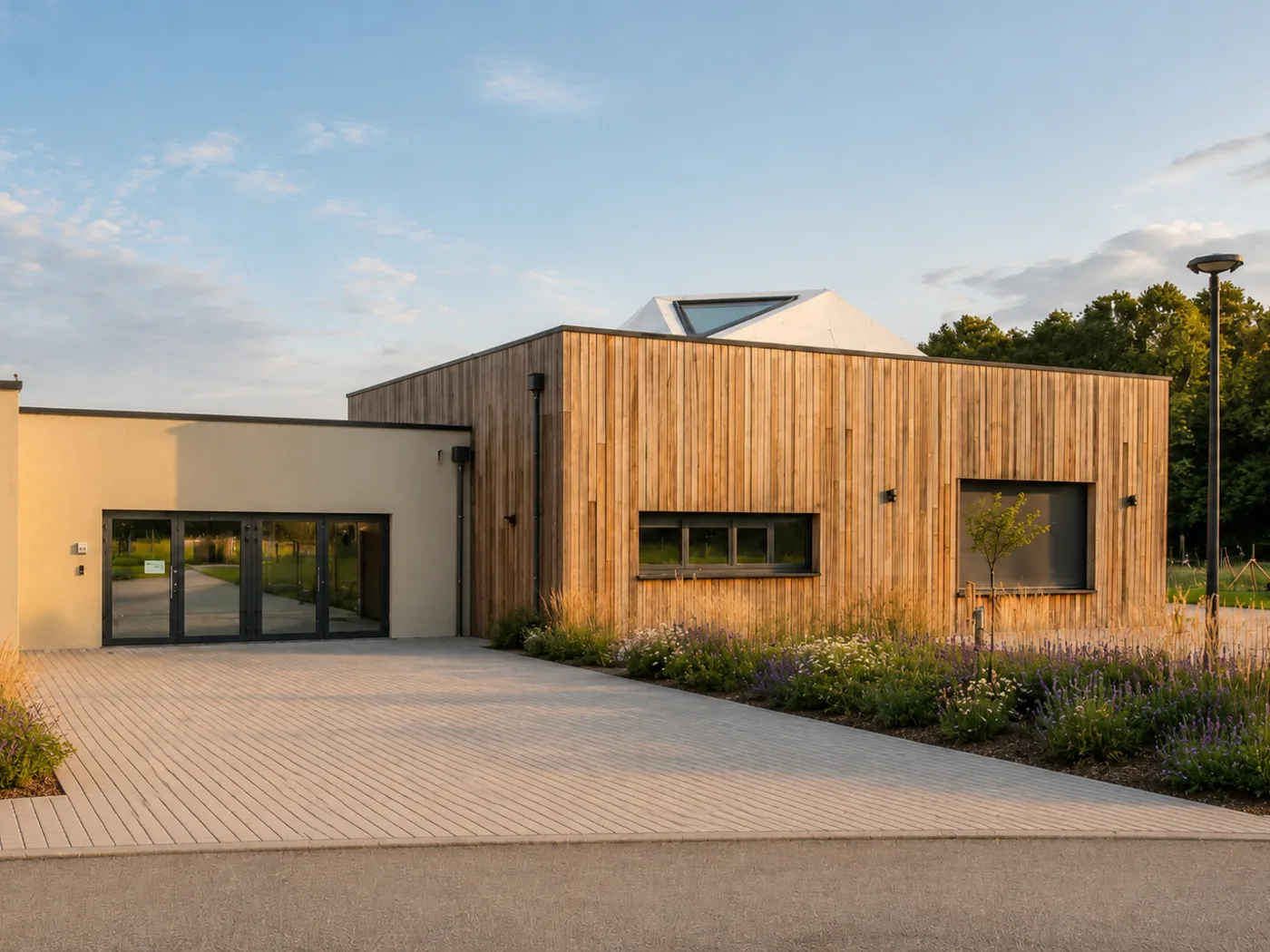 Timber-clad wing with a large glazed entrance and native planting.