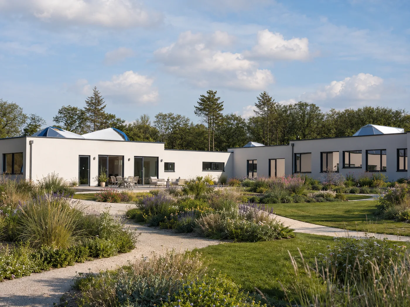 Green roof with two pyramid rooflights bringing natural light into the heart of the building.