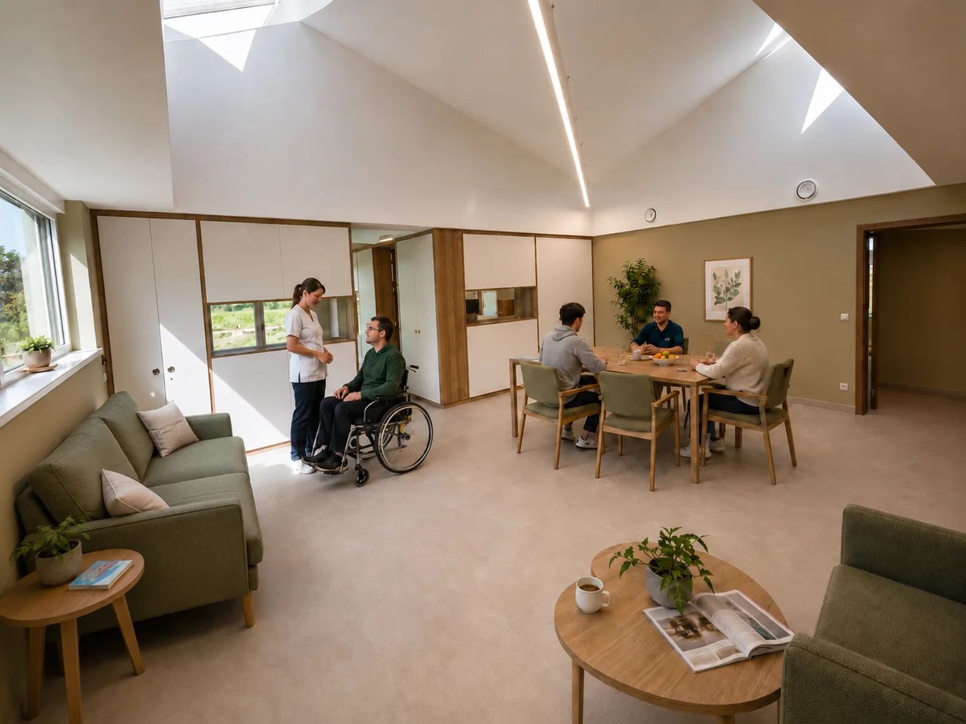 Shared living room beneath a sloped ceiling lit by a linear light well, a wheelchair user with a caregiver.